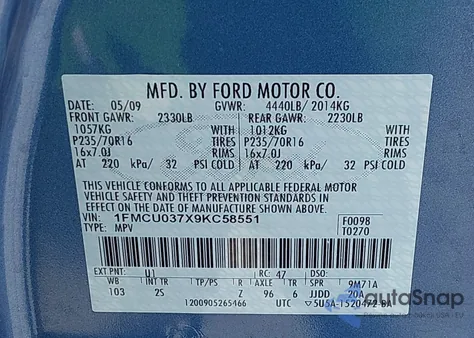 2009 Ford Escape Xlt из США, поврежденный, VIN 1FMCU037X9KC58551